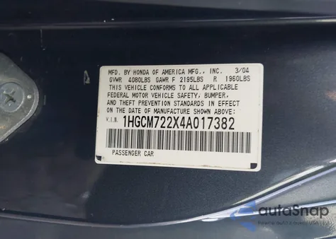 2004 Honda Accord 2.4 Lx from USA, damaged, VIN 1HGCM722X4A017382
